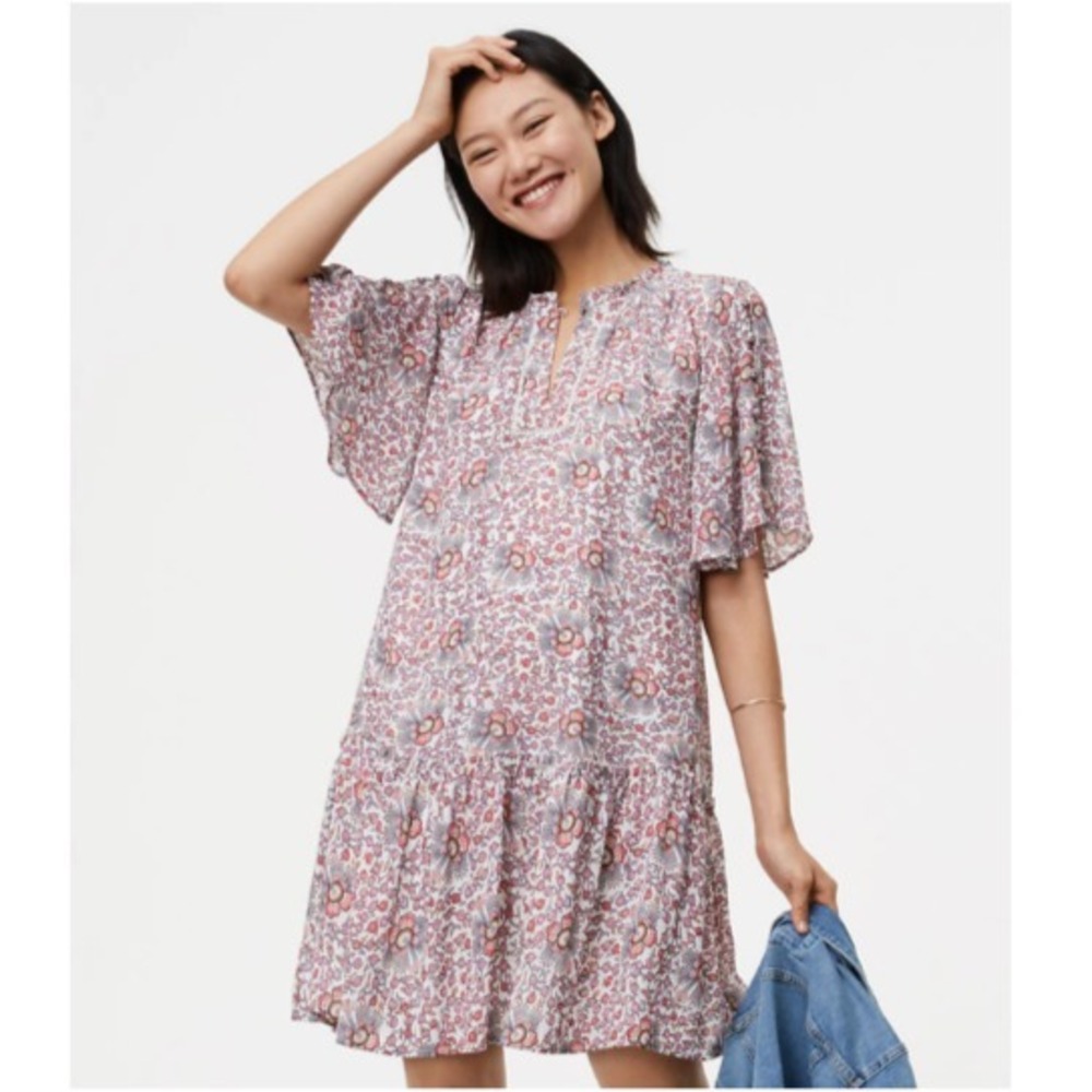 Loft Flowerbud Floral Mini Dress, Sz Small, Buttons Flutter Sleeve Ruffles‎ Boho